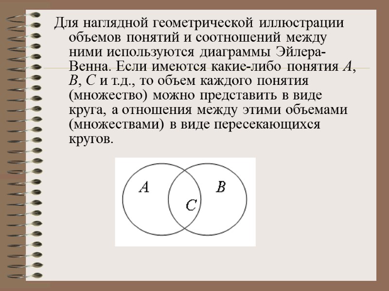 Для наглядной геометрической иллюстрации объемов понятий и соотношений между ними используются диаграммы Эйлера-Венна. Если